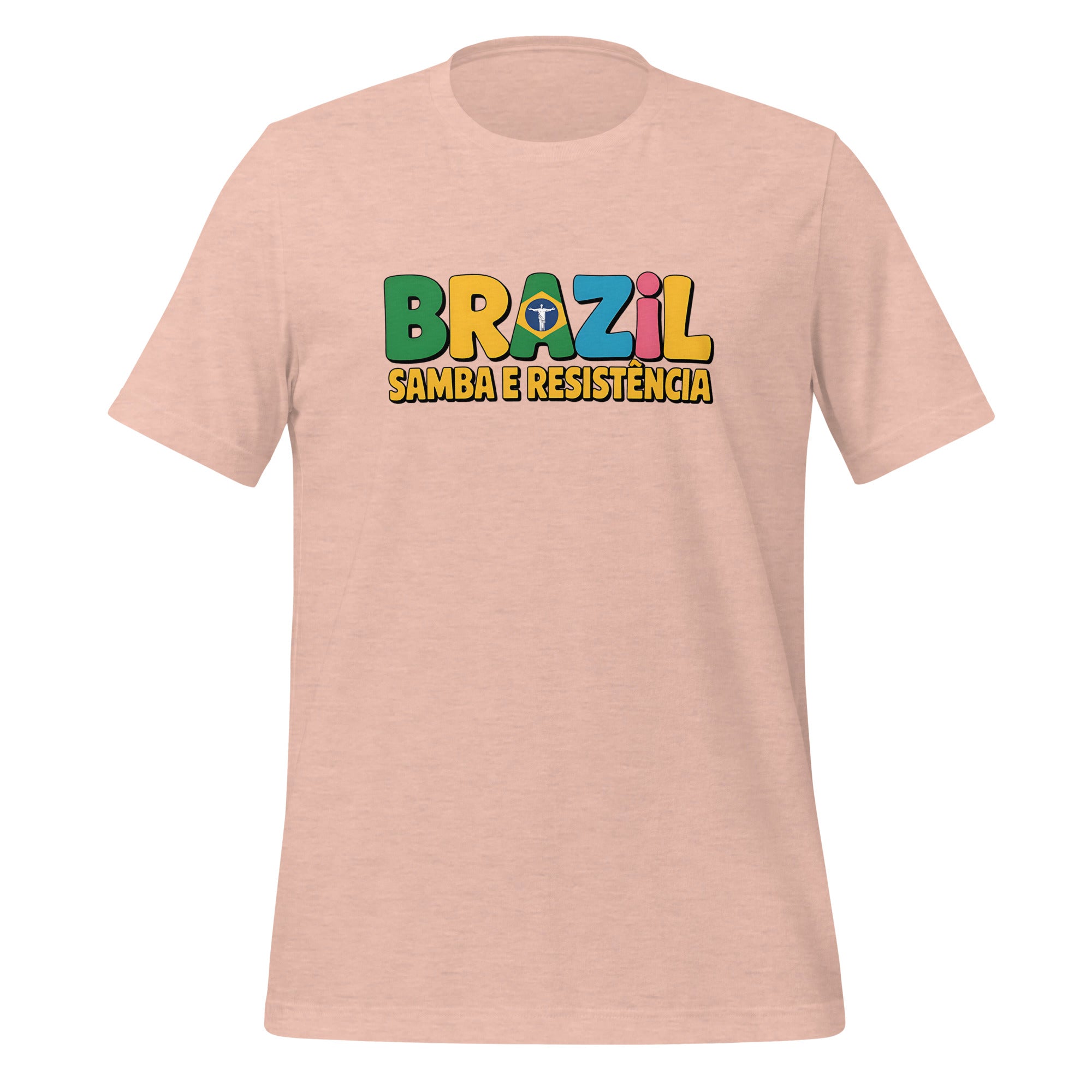 T-shirt con diseño colorido del país Brazil con texto “Brazil – Samba e Resistência”.